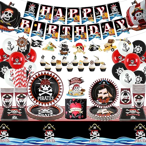 Obussgar Piraten-Geburtstagsparty-Zubehör, 141 Stück Piraten-Party-Dekorationen inklusive Happy Birthday-Banner, Kuchen- und Cupcake-Topper, Luftballons für die Geburtstagsfeier, für 20 Gäste Obussgar Piraten-Geburtstagsparty-Zubehör, 141 Stück Piraten-Party-Dekorationen inklusive Happy Birthday-Banner, Kuchen- und Cupcake-Topper, Luftballons für die Geburtstagsfeier, für 20 Gäste von Obussgar
