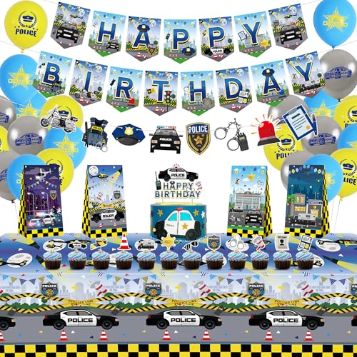 Obussgar Polizei Geburtstag Party Dekorationen - Polizei Party Supplies einschließlich HAPPY BIRTHDAY Banner, Kuchen Topper, Geschenk-Taschen, Luftballons, Tischdecke für Kindergeburtstag Party von Obussgar