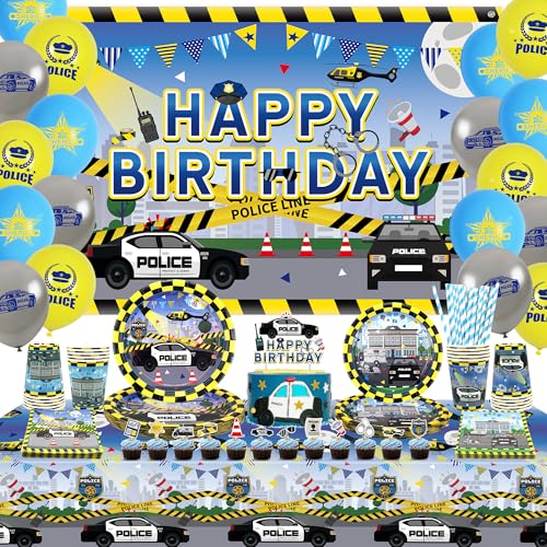 Obussgar Polizei Geburtstag Party Dekorationen - Polizei Party Zubehör einschließlich Banner, Kuchen Topper, Teller, Tassen, Servietten, Tischdecken, Luftballons - für 20 Gäste (Kulisse) von Obussgar