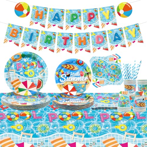 Obussgar Pool Geburtstag Party Dekorationen - Pool Party Zubehör einschließlich Banner, Teller, Tassen, Servietten, Tischdecke für Pool Geburtstagsparty - für 20 Gäste (A) von Obussgar
