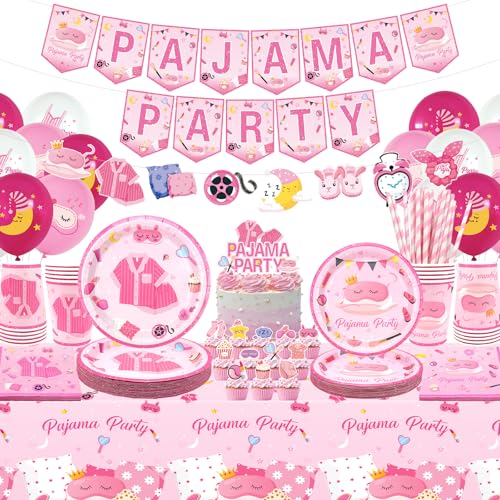 Obussgar Pyjama-Geburtstagsparty-Dekorationen – Pyjama-Partyzubehör einschließlich Banner, Teller, Tortenaufsatz, Tasse, Serviette, Ballon, Tischdecke – serviert 20 (LQ) von Obussgar