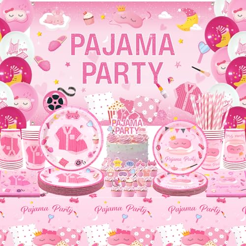 Obussgar Pyjama-Geburtstagsparty-Dekorationen – Pyjama-Partyzubehör einschließlich Hintergrund, Teller, Tortenaufsatz, Tasse, Serviette, Ballon, Tischdecke – serviert 20 (BJ) von Obussgar