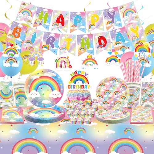 Obussgar Regenbogen Geburtstag Party Dekorationen - Regenbogen Party Zubehör einschließlich Banner, Teller, Cake Topper, Tasse, Serviette, Ballon, Tischdecke - für 20 Personen (LQ) von Obussgar