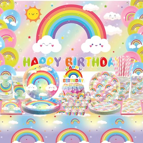 Obussgar Regenbogen-Geburtstagsparty-Dekorationen – Regenbogen-Partyzubehör einschließlich Hintergrund, Teller, Tortenaufsatz, Tasse, Serviette, Ballon, Tischdecke – serviert 20 (BJ) von Obussgar