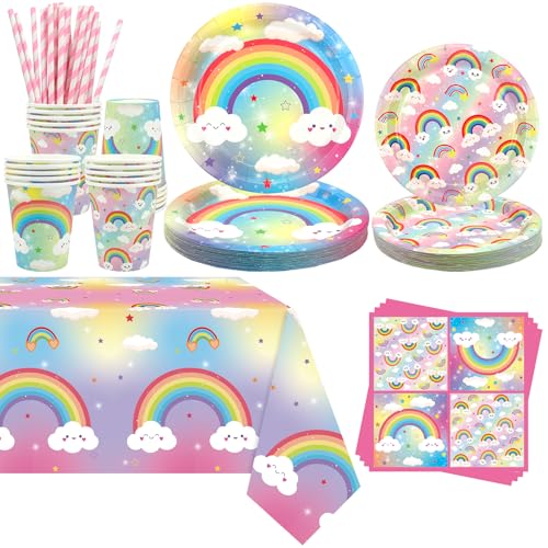 Obussgar Regenbogen Party Dekoration - Regenbogen Geburtstag Party Geschirr liefert umfasst Teller, Tassen, Servietten, Tischdecke, Strohhalme - serviert 20 Obussgar Regenbogen Party Dekoration - Regenbogen Geburtstag Party Geschirr liefert umfasst Teller, Tassen, Servietten, Tischdecke, Strohhalme - serviert 20 von Obussgar