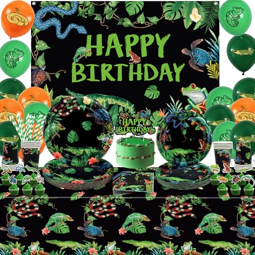Obussgar Reptil Geburtstag Party Dekorationen - Reptil Party Zubehör einschließlich Backdrop, Kuchen Topper, Teller, Tassen, Servietten, Tischdecken, Luftballons (BJ-B) von Obussgar