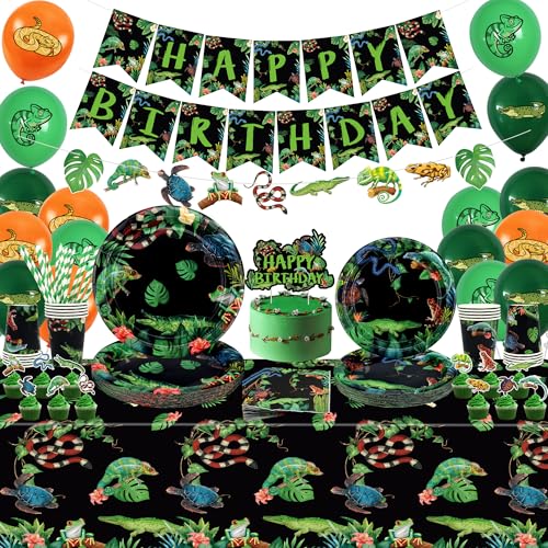 Obussgar Reptil Geburtstag Party Dekorationen - Reptil Party Zubehör einschließlich Banner, Kuchen Topper, Teller, Tassen, Servietten, Tischdecken, Luftballons (LQ-B) von Obussgar