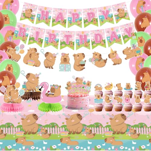 Obussgar Rosa Capybara Geburtstagsparty-Dekorationen – Capybara Partyzubehör einschließlich Happy Birthday Banner, Kuchenaufsätze, Tischaufsätze, Luftballons (LQ) von Obussgar