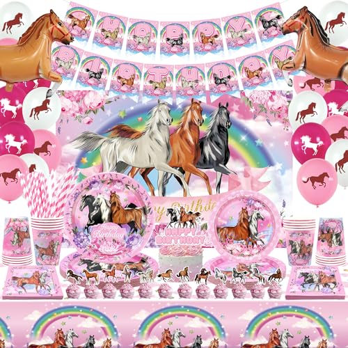 Obussgar Rosa Pferd Geburtstag Party Dekorationen - Cartoon Pferd Party Supplies einschließlich Banner, Hintergrund, Kuchenaufsätze, Teller, Tassen, Servietten, Luftballons, Tischdecke für Mädchen von Obussgar