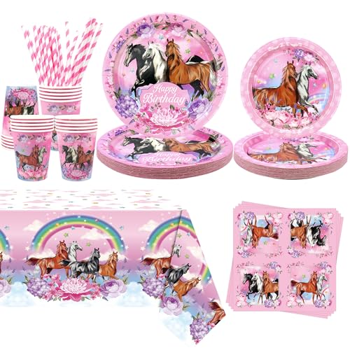 Obussgar Rosa Pferd Party Dekorationen - Cartoon Thema Supplies Mit Teller, Tassen, Tücher, Tischdecken für Mädchen Geburtstag - Serviert 20 von Obussgar