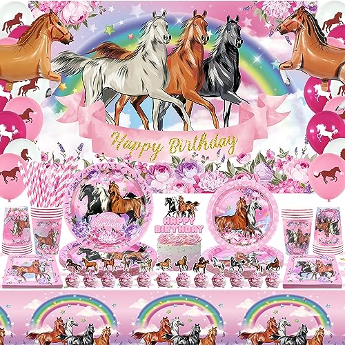 Obussgar Rosafarbenes Pferde-Partyzubehör für Mädchen, 159 Stück Pferde-Themendekorationen, einschließlich Alles Gute zum Geburtstag-Hintergrund, Pappteller, Servietten, Becher, 20 Personen von Obussgar