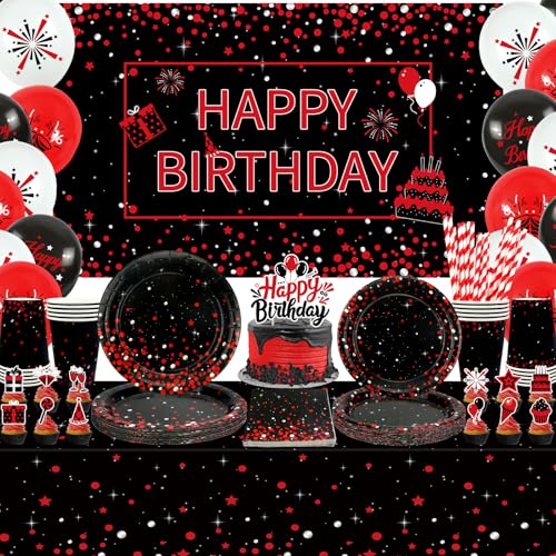 Obussgar Rot Schwarz Geburtstag Party Dekorationen - Rot Schwarz Party Supplies einschließlich Hintergrund, Teller, Tortenaufsatz, Tasse, Serviette, Ballon, Tischdecke - Serves 20 (BJ) von Obussgar