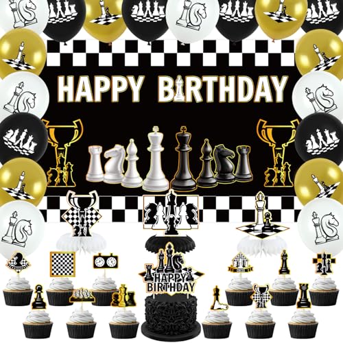 Obussgar Schach Geburtstag Party Dekorationen - Schach Party Zubehör einschließlich Happy Birthday Backdrop, Spiralen, Cake Toppers, Tisch Centerpieces, Luftballons (BJ) von Obussgar