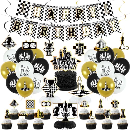 Obussgar Schach Geburtstag Party Dekorationen - Schach Party Zubehör einschließlich Happy Birthday Banner, Spiralen, Cake Toppers, Tisch Centerpieces, Luftballons (LQ) von Obussgar