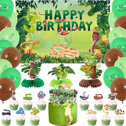Obussgar Schlange Geburtstag Party Dekorationen - Snake Party Supplies einschließlich Happy Birthday Kulisse, Spiralen, Cake Toppers, Tisch Centerpieces, Ballons (BJ) von Obussgar