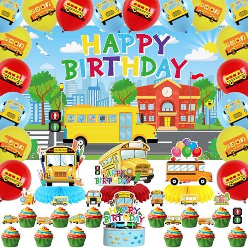 Obussgar Schulbus Geburtstag Party Dekorationen - Schulbus Party Zubehör einschließlich Happy Birthday Banner, Spiralen, Cake Toppers, Tisch Centerpieces, Luftballons (BJ) von Obussgar