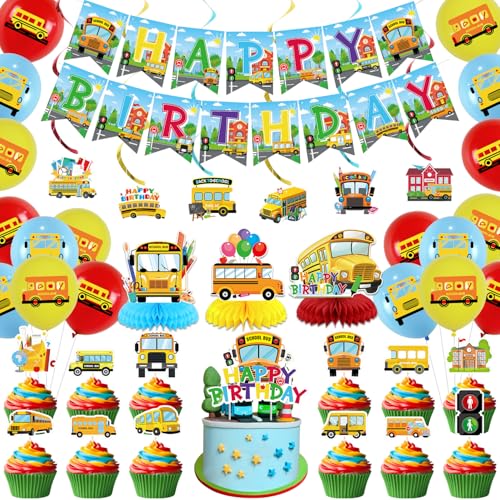Obussgar Schulbus Geburtstag Party Dekorationen - Schulbus Party Zubehör einschließlich Happy Birthday Banner, Spiralen, Cake Toppers, Tisch Centerpieces, Luftballons (LQ) von Obussgar