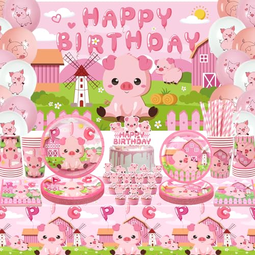 Obussgar Schwein Geburtstag Party Dekorationen - Rosa Schwein Party Zubehör einschließlich Banner, Teller, Cake Topper, Tasse, Serviette, Ballon, Tischdecke - serviert 20 (B) von Obussgar
