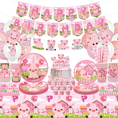 Obussgar Schwein Geburtstag Party Dekorationen - Rosa Schwein Party Zubehör einschließlich Banner, Teller, Cake Topper, Tasse, Serviette, Ballon, Tischdecke - serviert 20 (L) von Obussgar