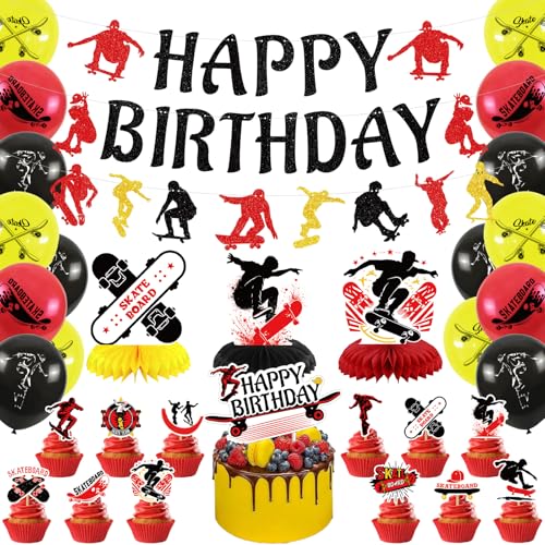 Obussgar Skateboard-Geburtstagsparty-Dekorationen – Skateboard-Partyzubehör einschließlich Banner, Kuchenaufsätze, Tischaufsätze, Luftballons für Skateboard-Party-Dekorationen (LQ) von Obussgar