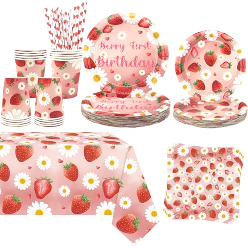 Obussgar Strawberry Daisy Party Decoration - Strawberry Daisy Birthday Party Geschirr Supplies Includes Plates, Cups, Napkins, Tablecloth, Straws - Serves 20 von Obussgar