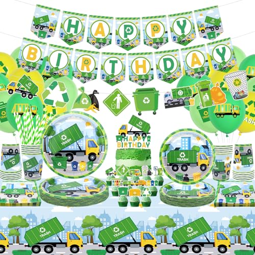 Obussgar Trash Truck Geburtstag Party Dekorationen - Müllwagen Party Zubehör einschließlich Banner, Teller, Cake Topper, Tasse, Serviette, Ballon, Tischdecke für Trash Truck Party - servier 20 (LQ) von Obussgar