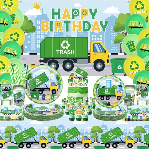 Obussgar Trash Truck Geburtstag Party Dekorationen - Müllwagen Party Zubehör einschließlich Kulisse, Teller, Cake Topper, Tasse, Serviette, Ballon, Tischdecke für Trash Truck Party - servier 20 (BJ) von Obussgar