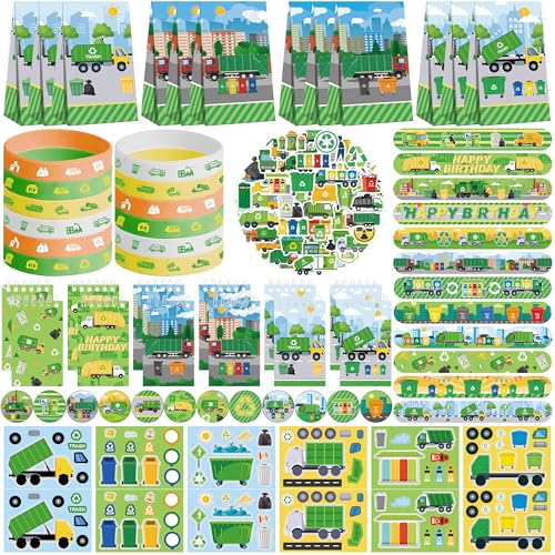 Obussgar Trash Truck Party Favour Supplies einschließlich Milk Tea Gift Bags, Aufkleber, Abzeichen, Armbänder für Garbage Truck Geburtstagsfeier von Obussgar