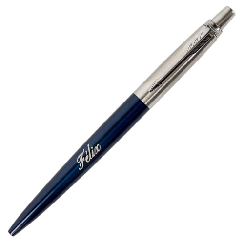 Blausilberner Parker-Kugelschreiber des Typs Jotter mit Textgravur - Personalisierbarer Parker-Kugelschreiber Jotter in blau und silber mit Textgravur von Ocadeau
