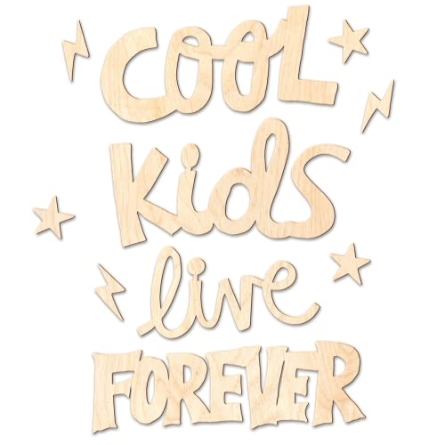 Ocasy Schriftzug "cool kids live forever" mit 3 Sternen und 3 Blitzen, Wanddekoration mit 3D-Effekt, Wandbild aus Holz, DIY Holzdeko 1003x80x5mm für Kinderzimmer von Ocasy