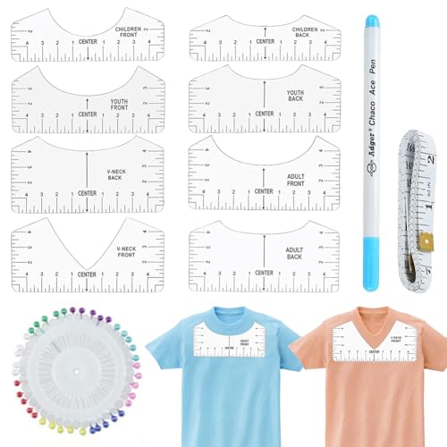 11 Stück T-Shirt Ausrichtung Lineal, DIY T-Shirt Lineal PVC T-Shirt Lineal Guide Schablonen-Lineal mit Wasserlöslich Stoffstifte, Perlennadelset, Maßband für Nähen Gestalten von T-Shirts und Basteln von Occzin