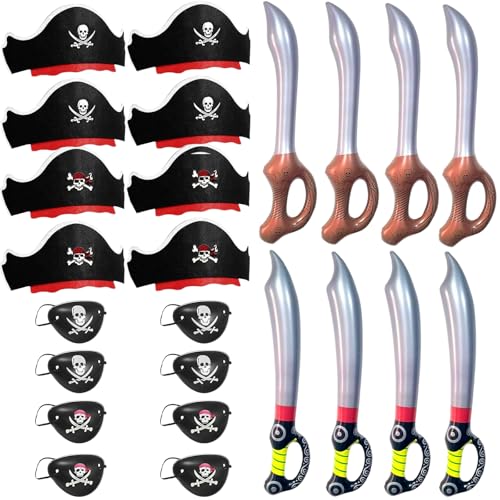 Piraten Kindergeburtstag Party Set, Piraten Spielzeug Dekoration für Kinder, Piratenhut Kinder Augenklappe Piratenfilz Augenmaske Piratentattoos Totenkopf für Halloween Party Dekoration (24 Stück) von Occzin