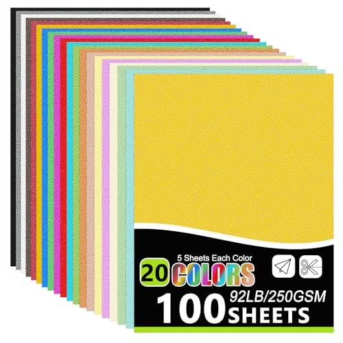OcePor Glitzer-Karton, 100 Blatt in 20 Farben, Glitzerpapier für Cricut, Basteln und Heimwerken, 21,6 x 27,9 cm, schimmernder Karton für Geburtstag, Hochzeit, Party-Dekoration (41,7 kg/250 g/m²) von OcePor