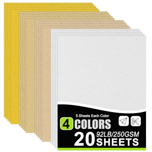 OcePor Glitzer-Karton, 20 Blatt in 4 Farben, Gold-Karton, Glitzerpapier für Cricut, Basteln und Heimwerken, 21,6 x 27,9 cm, schimmernder Karton für Geburtstag, Hochzeit, Party-Dekoration (41,7 kg/250 von OcePor