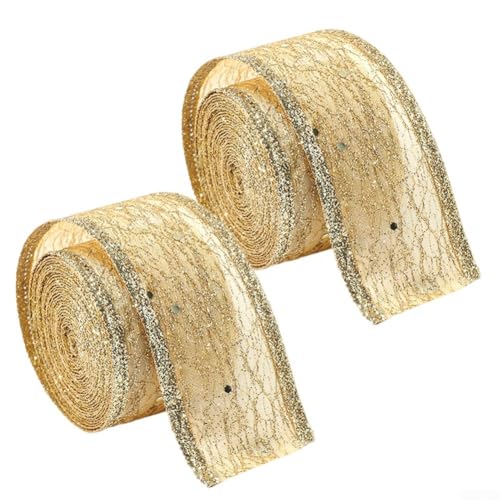 Metallisches Netzband mit Glitzer-Pailletten, Netzband mit Satin-Organza, geeignet für Feiertagsdekorationen und Bastelarbeiten (4,9 cm, Gold) von Oceanlend