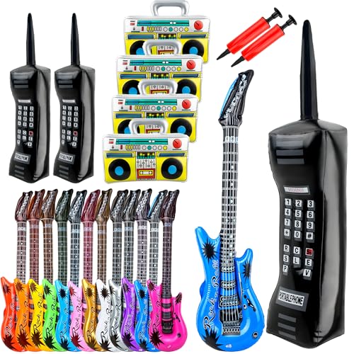 20 Stück aufblasbares Rockstar-Spielzeug-Set, 12 aufblasbare Gitarren, 3 aufblasbare Handys, 4 aufblasbare Boom-Boxen, 1 Luftpumpe für 80er-90er-Jahre-Party-Dekorationen von Octaday