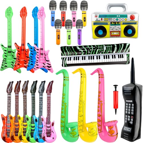 Aufblasbares Rockstar-Spielzeug-Set, 7 aufblasbare Mikrofone, 6 Gitarren, 3 Saxophon, 4 Bass, 1 Boombox, 1 Klavier, 1 Handy, 1 Luftpumpe für Karneval, Partygeschenke, Rock-and-Roll-Partyzubehör, 24 von Octaday