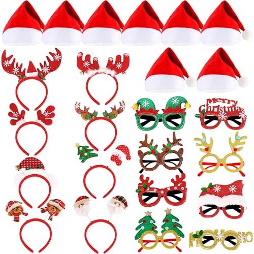 Weihnachts-Stirnbänder, Brillen, Hüte, Set, glitzernde Brillen, Rahmen, Haarreifen, Weihnachtsmannmützen, Zubehör für Erwachsene und Kinder, Weihnachtsfeier, Gastgeschenke, Urlaub, Foto-Requisiten, 24 von Octaday