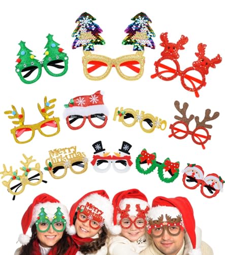 Octonyluck 12 Stück Weihnachtsbrille, Weihnachten Glitter Party Brille, Weihnachtsbrillen für Kinder Erwachsene, Weihnachtsgläser mit Verschiedenen Weihnachtsmotiven von Octonyluck