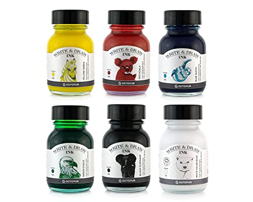 Octopus Write and Draw Ink Set BASIC BRIGHT, wasserfeste Tinte zum Schreiben und Zeichnen, Kalligraphietinte, Zeichentusche für Füllhalter, 6x50 ml von Octopus Fluids