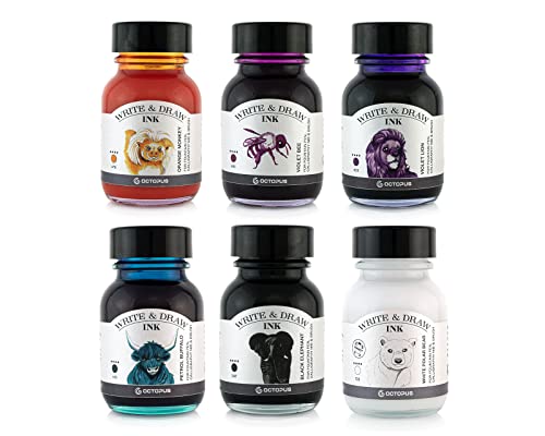 Octopus Write and Draw Ink Set BASIC MIX, wasserfeste Tinte zum Schreiben und Zeichnen, Kalligraphietinte, Zeichentusche für Füllhalter, 6x50 ml von Octopus Fluids