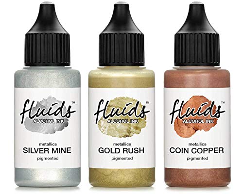 Octopus 3X 30 ml Fluids Alcohol Ink Set Metallics Silver Mine, Gold Rush, Coin Copper Alkoholtinte für Fluid Art, Resin und Epoxidharz Farbe von Octopus