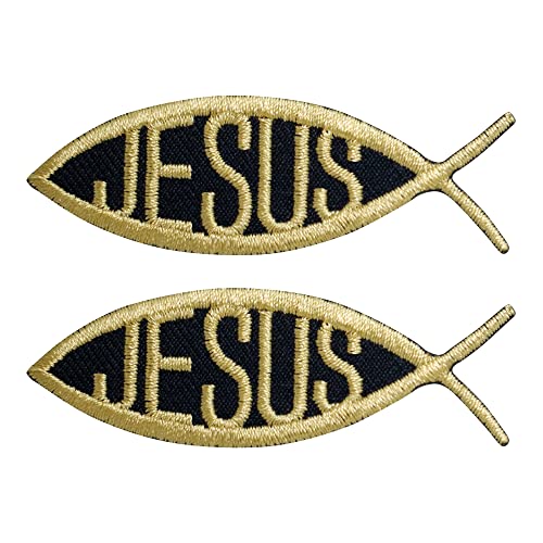 Octory 2 Stück Ichthys Fisch Jesus Christian Symbol Patch zum Aufbügeln für Kleidung Sägen/Aufbügeln bestickt Patch Applique für Jeans, Hüte, Taschen (Gold) von Octory