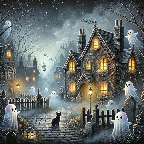 Ocuuer Halloween Cat Town Printed Cross Stitch Kit 50x50cmdiy 11CT Stickerei Bastel Set (4) von Ocuuer