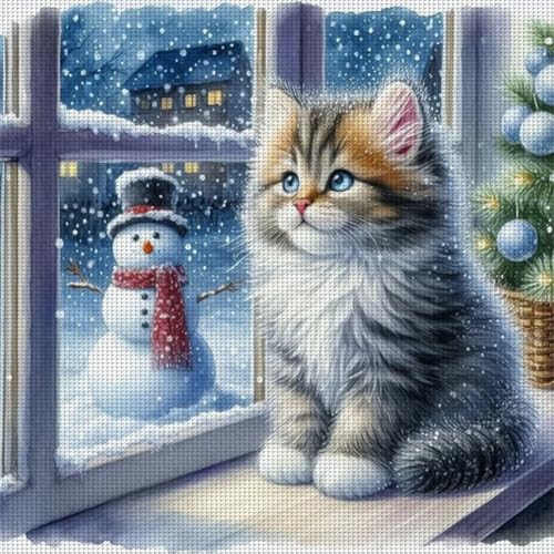 Ocuuer Vollständige Stickerei Öko-Schnitt-Schnitt-Cotton-Thread 11CT Printed Cat Cross Stitch Kit Art 40x40 cm (1) von Ocuuer