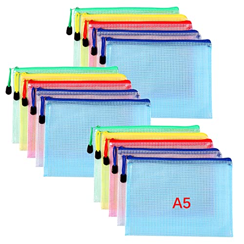 Oderra Dokumententasche A5, 15 Stücke Taschen Mit Zipper, Mesh Beutel Mit Reißverschluss für Dokumente, Papier, Kosmetika und Farbe, 5 Farben, Transparent von Oderra