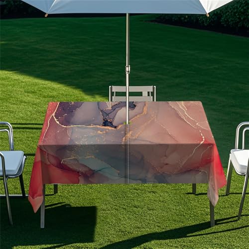 Odot 3D-Marmor Regenschirm Tischdecke Outdoor, Außenbereich Wasserdicht Rechteckige Tischtuch mit Sonnenschirm Loch und Reißverschluss für Terrasse, Garten, Party,Patio (Rot und Blau,305x152cm) von Odot