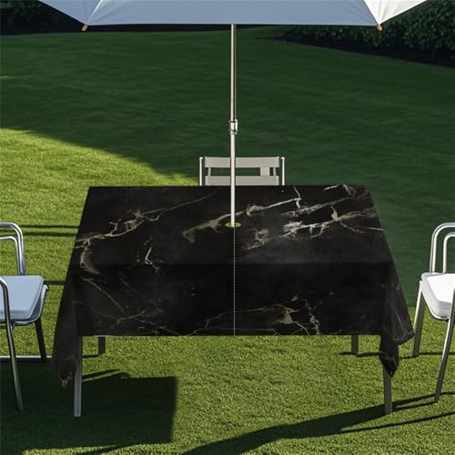 Odot 3D-Marmor Regenschirm Tischdecke Outdoor, Außenbereich Wasserdicht Rechteckige Tischtuch mit Sonnenschirm Loch und Reißverschluss für Terrasse, Garten, Party,Patio (Schwarz,259x152cm) von Odot