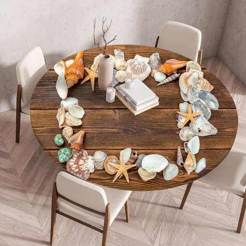 Odot Elastische Tischdecke Rund Ourdoor, 3D Muscheln Muster Tischdecke Abwaschbar Abwischbar Wasserdicht Gartentischdecken Tischtuch für Dekoration Garten Partys Kaffee (Seestern,100cm) von Odot
