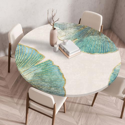 Odot Elastische Tischdecke Rund Ourdoor, Minimalist Druck Tischdecke Abwaschbar Abwischbar Wasserdicht Gartentischdecken Tischtuch für Dekoration Garten Partys Kaffee (Blätter,60cm) von Odot